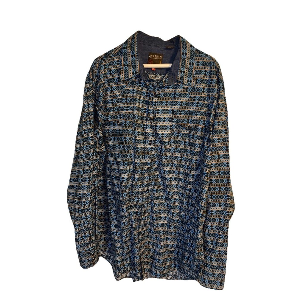 Roper Western Indigo Aztec Blue Print Pearl Snaps Sz 2Xl Long Sleeve